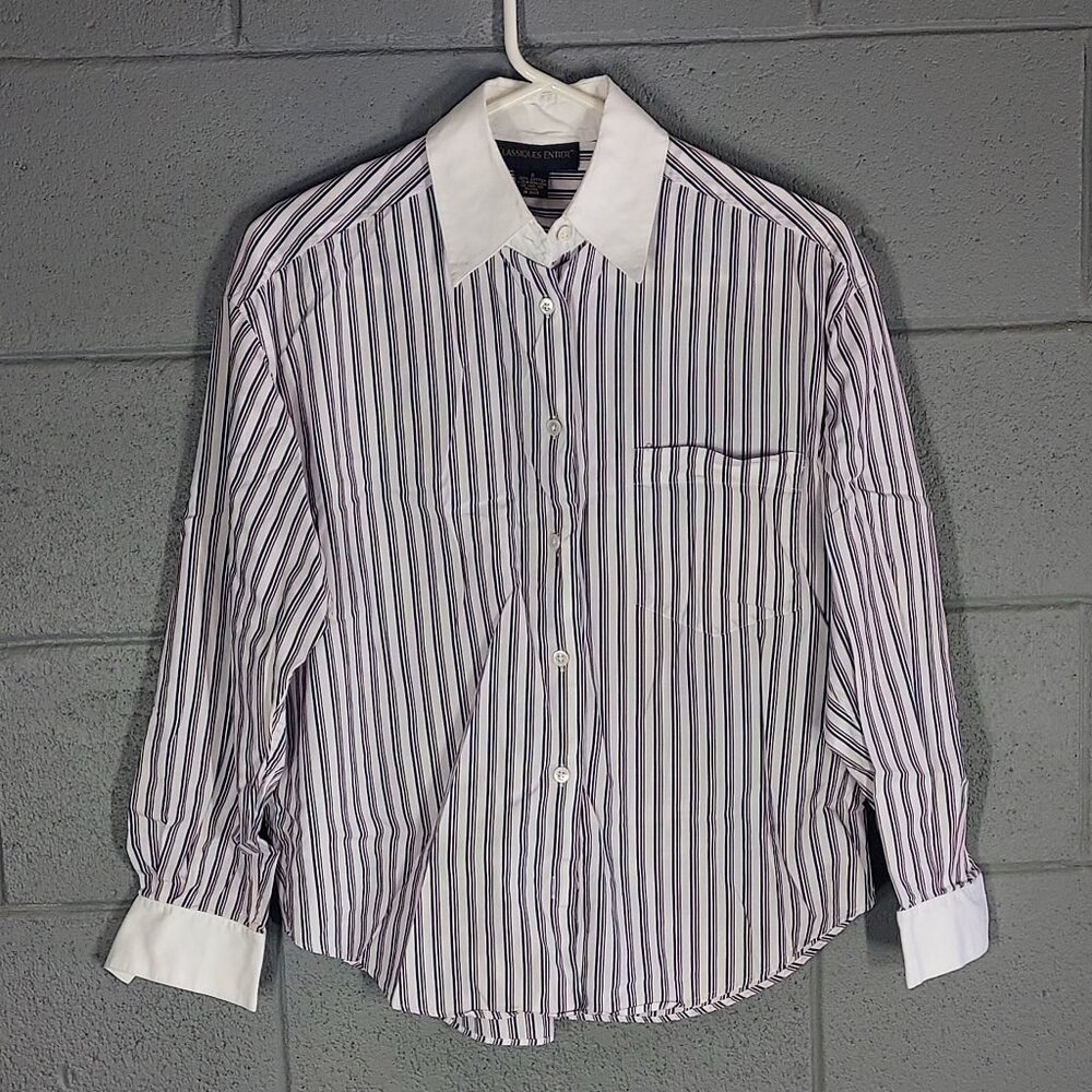 Classiques Entier Red Blue White Stripe Oxford Men's Dress Shirt - Small